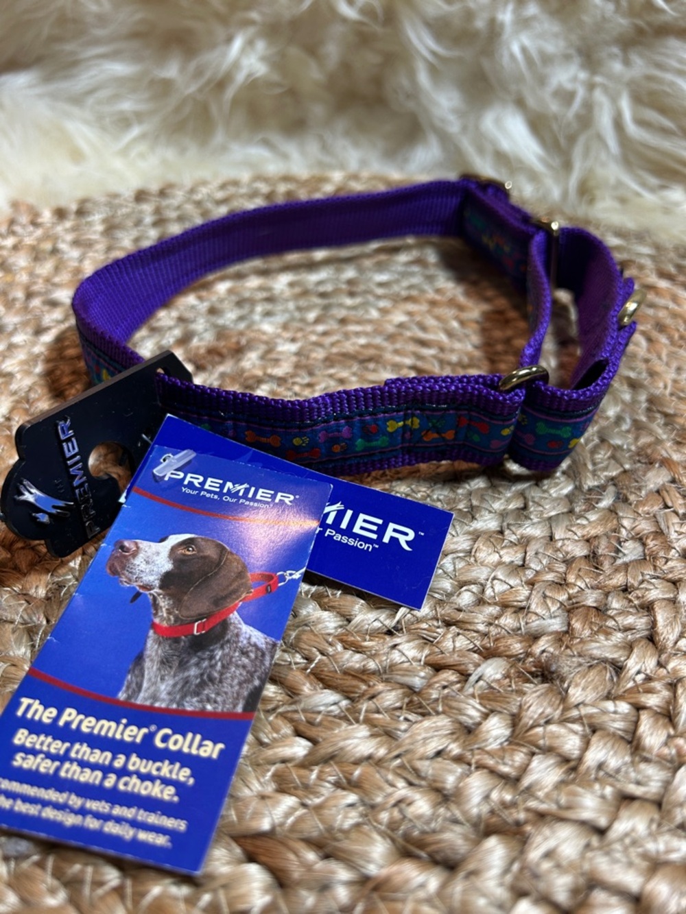 Premier Purple Dog Collar with Colorful Patterned Ribbon size Medium